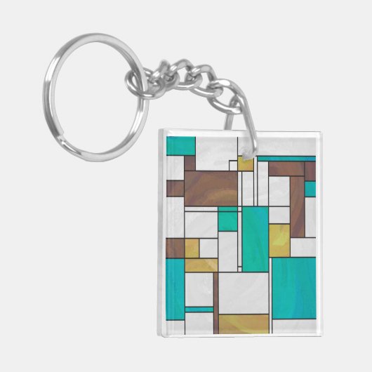 Mondrian Brown Yellow Blauwgroen Print Sleutelhanger (Voorkant Links)
