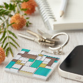 Mondrian Brown Yellow Blauwgroen Print Sleutelhanger (Voorkant Rechts)