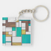Mondrian Brown Yellow Blauwgroen Print Sleutelhanger (Achterkant)