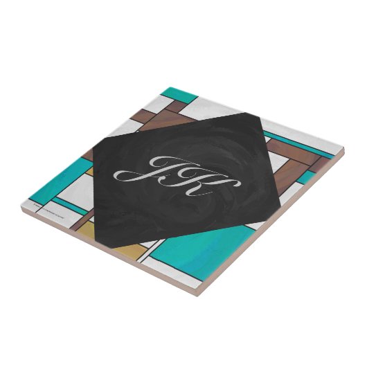 Mondrian Brown Yellow Blauwgroen Print Tegeltje (Zijkant)