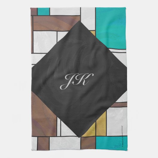 Mondrian Brown Yellow Blauwgroen Print Theedoek (Verticaal)