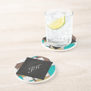 Mondrian Brown Yellow Blauwgroen Print Zandsteen Onderzetter