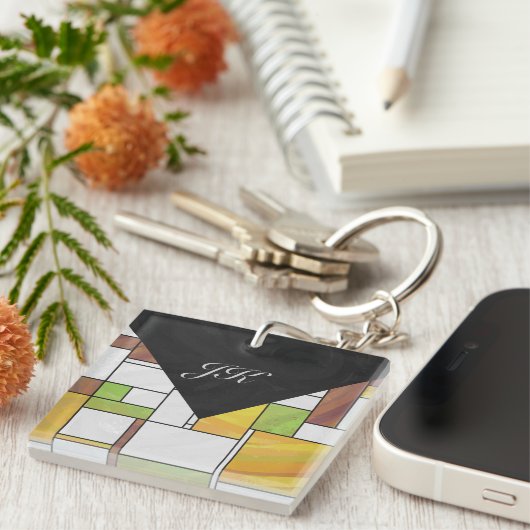 Mondrian Brown Yellow Green Print Sleutelhanger (Voorkant Rechts)