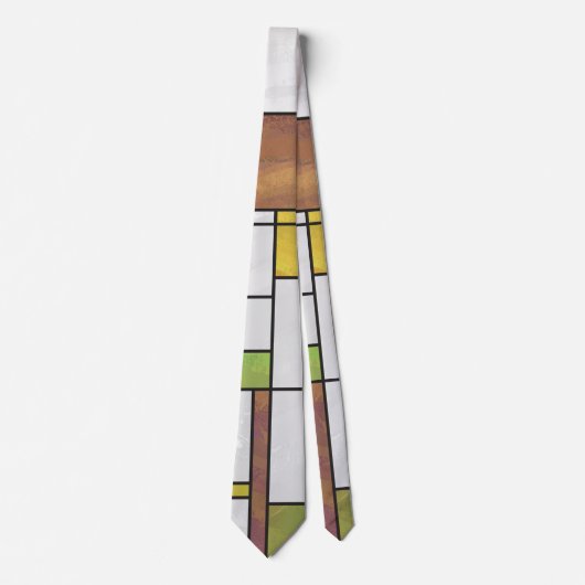 Mondrian Brown Yellow Green Print Stropdas (Voorkant)