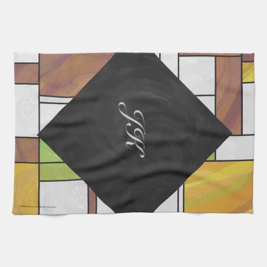 Mondrian Brown Yellow Green Print Theedoek (Horizontaal)