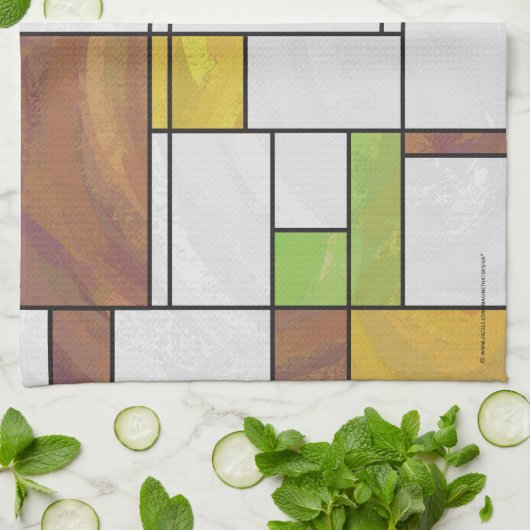 Mondrian Brown Yellow Green Print Theedoek (Gevouwen)