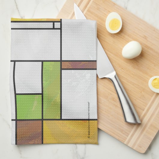Mondrian Brown Yellow Green Print Theedoek (Quarter Fold)