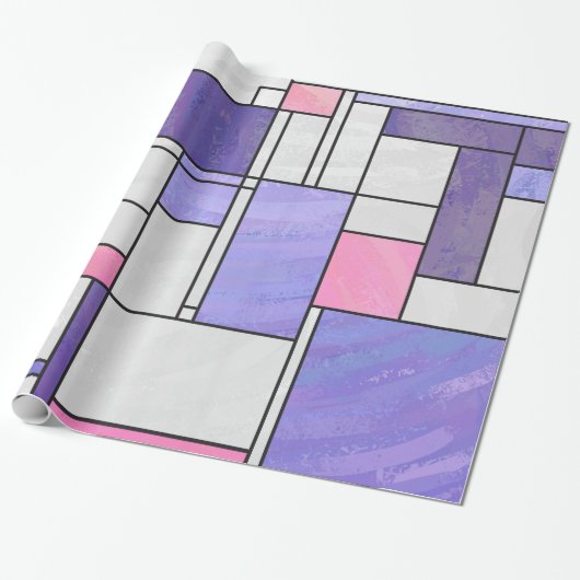 Mondrian Pink Paars White Print Cadeaupapier (Uitgerold)