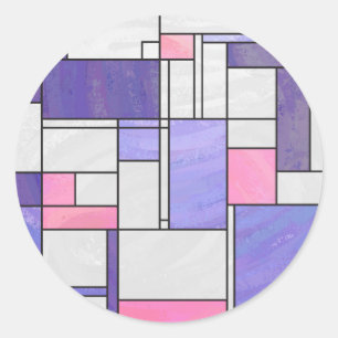 Mondrian Pink Paars White Print Ronde Sticker