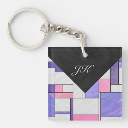 Mondrian Pink Paars White Print Sleutelhanger (Voorkant)
