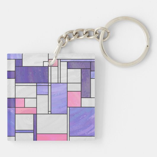 Mondrian Pink Paars White Print Sleutelhanger (Achterkant)