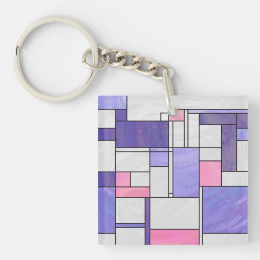 Mondrian Pink Paars White Print Sleutelhanger (Voorkant)