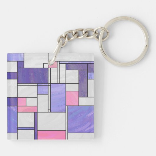 Mondrian Pink Paars White Print Sleutelhanger (Achterkant)