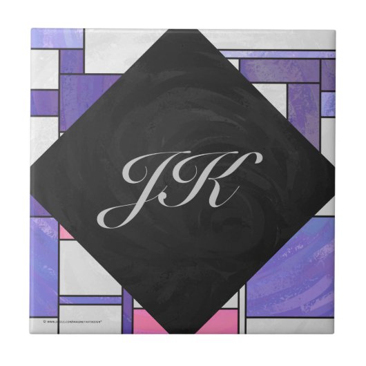 Mondrian Pink Paars White Print Tegeltje (Voorkant)