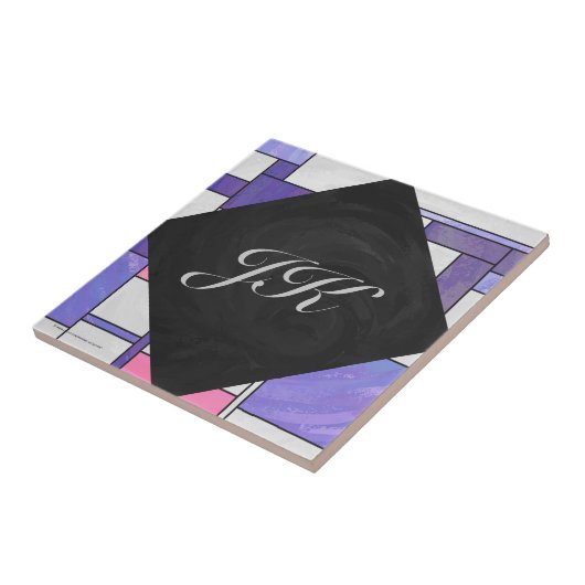 Mondrian Pink Paars White Print Tegeltje (Zijkant)