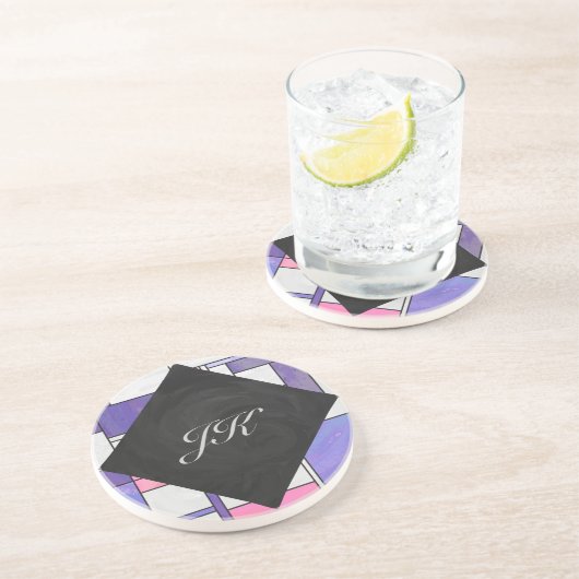 Mondrian Pink Paars White Print Zandsteen Onderzetter (Zijkant)