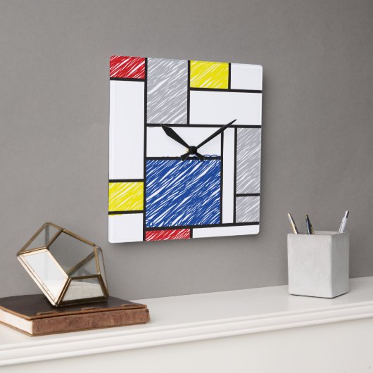 Mondrian Scribbles minimalist de Stijl Modern Art Vierkante Klok (Kantoor)