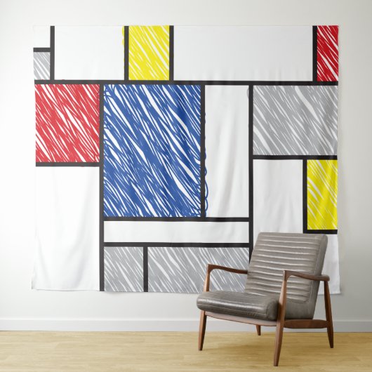 Mondrian Scribbles minimalist de Stijl Modern Art Wandkleed (In Situ (horizontaal))