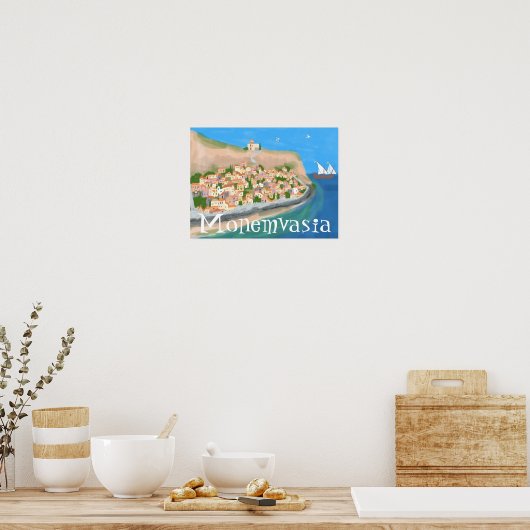 MONEMVASIA GRIEKENLAND Eiland Art Travel Illustrat Poster (Keuken)