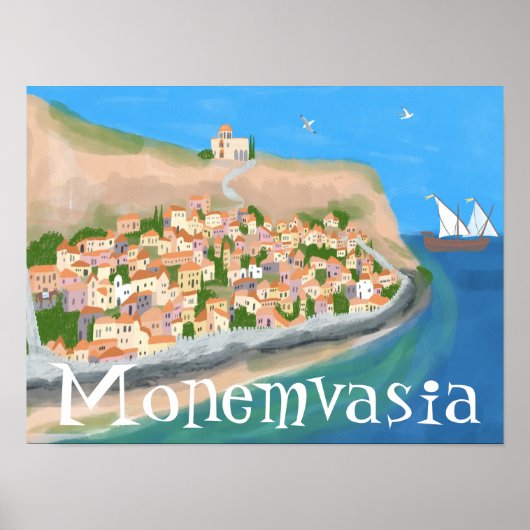 MONEMVASIA GRIEKENLAND Eiland Art Travel Illustrat Poster (Voorkant)