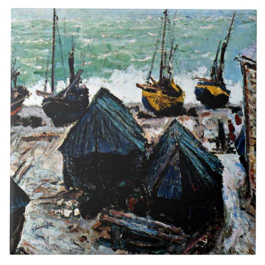 Monet - Boats op strand bij Etretat Tegeltje (Voorkant)