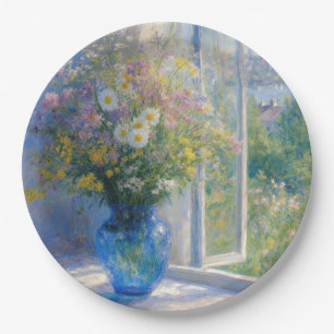 Monet boeket wilde bloemen in blauwe vaas papieren bordje