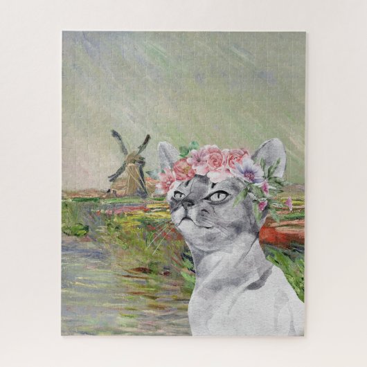 Monet Champ Tulipes en Fancy kat Legpuzzel (Verticaal)