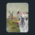 Monet Champ Tulipes en Fancy Llama Magneet<br><div class="desc">De prachtige en artistieke compilatie kenmerkt de CHAMP TULIPES EN HOLLANDE van Claude Monet als achtergrond met het portret van schattige lama met de waterverf bloemkroon.</div>