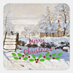 Monet - De Ekster met Kerstkrans Vierkante Sticker