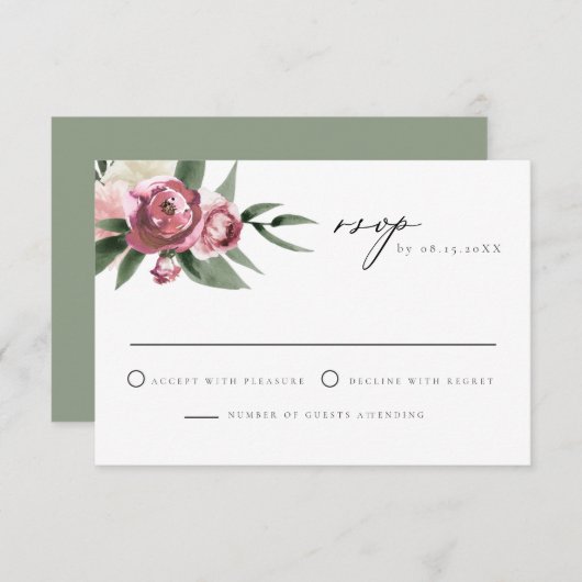 Monet - Dusty Pink Floral Garden Wedding RSVP Kaart (Voorkant / Achterkant)