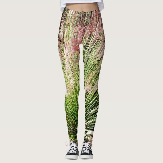 Monet geïnspireerde roze en groene Muhly Grass Abs Leggings (Voorkant)