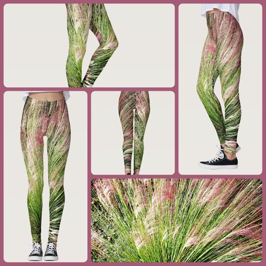 Monet geïnspireerde roze en groene Muhly Grass Abs Leggings