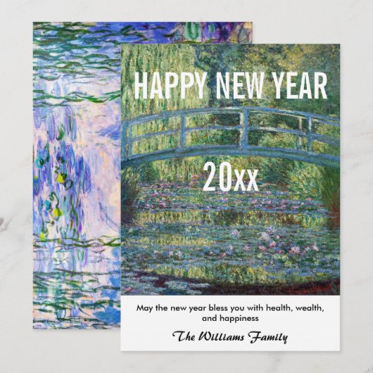 Monet - Gelukkig nieuwjaar en waterlelies vijver Feestdagenkaart (Voorkant / Achterkant)