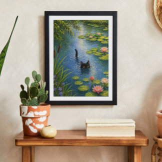 Monet Inspired Water Lily Cat Art Print