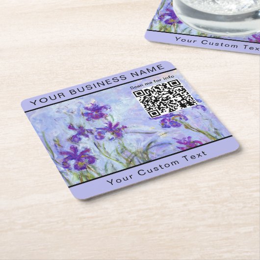 Monet - Lila Irises / Iris Mauves - QR-code Kartonnen Onderzetters (Schuin)