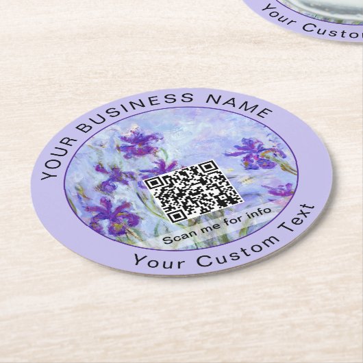 Monet - Lila Irises / Iris Mauves - QR-code Ronde Kartonnen Onderzetter (Gebogen)