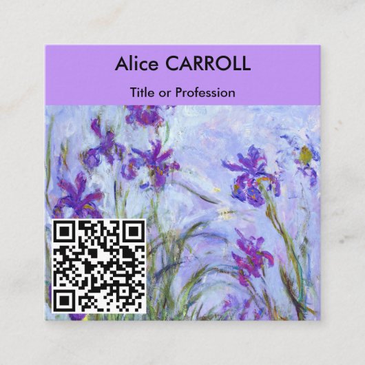 Monet - Lilac Irises / Paarse Irissen - QR Code Vierkante Visitekaartje (Voorkant)