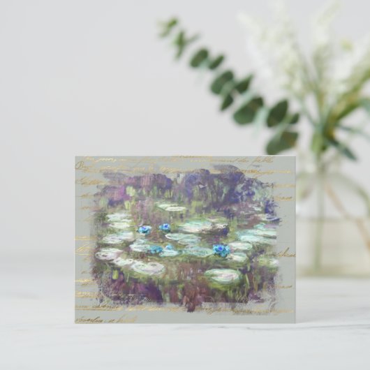 ** Monet Lily Pads Pond Old Gold Handwriting AR23 Briefkaart (Staand voorkant)