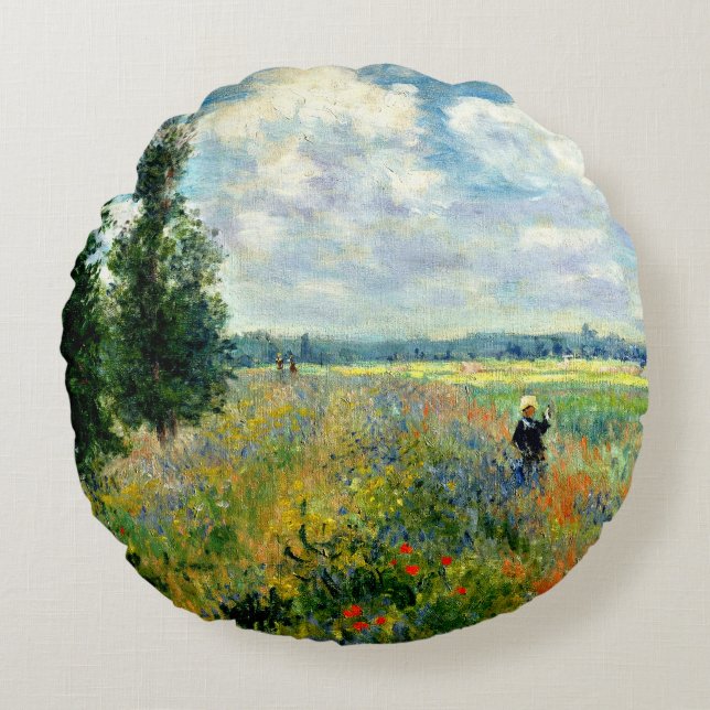 Monet - Papaver veld, Argenteuil Rond Kussen (Voorkant)