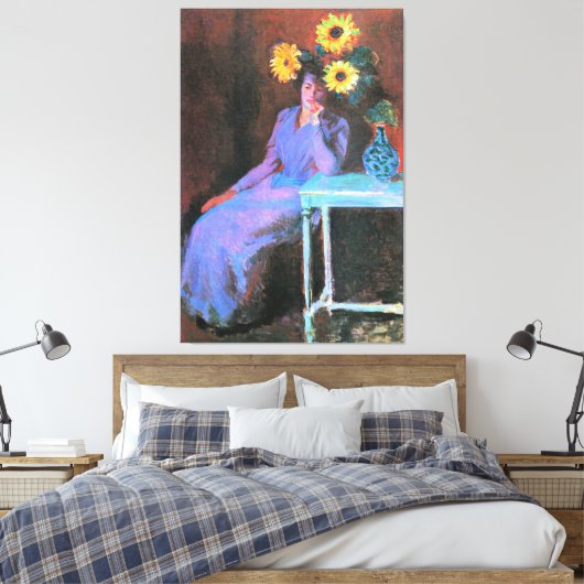 Monet - Portret van Suzanne Hoschede, Zonnebloemen Canvas Afdruk (Insitu (Slaapkamer))