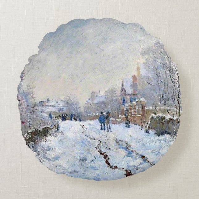 Monet - Sneeuwlandschap bij Argenteuil Rond Kussen (Voorkant)