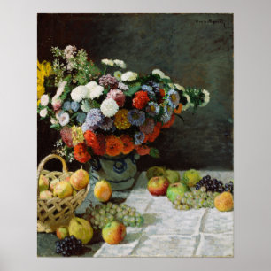Monet - stilstaand leven met bloemen en fruit poster