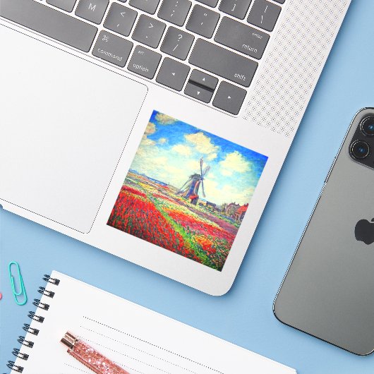 Monet Tulips Windmill Sticker (Laptop met iPhone)