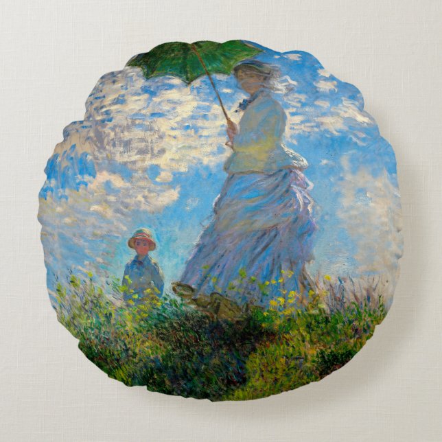 Monet Vrouw Parasol Impressionisme Rond Kussen (Voorkant)