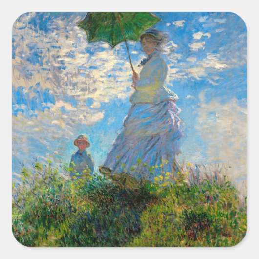 Monet Vrouw Parasol Impressionisme Vierkante Sticker (Voorkant)