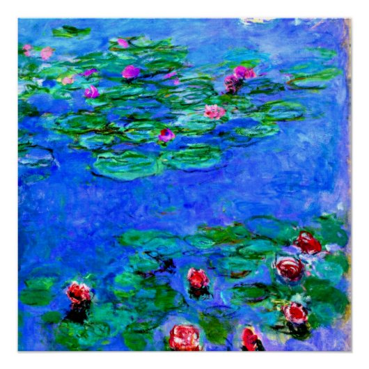 Monet: Water Lilies (rood), Claude Monet schilderi Poster (Voorkant)