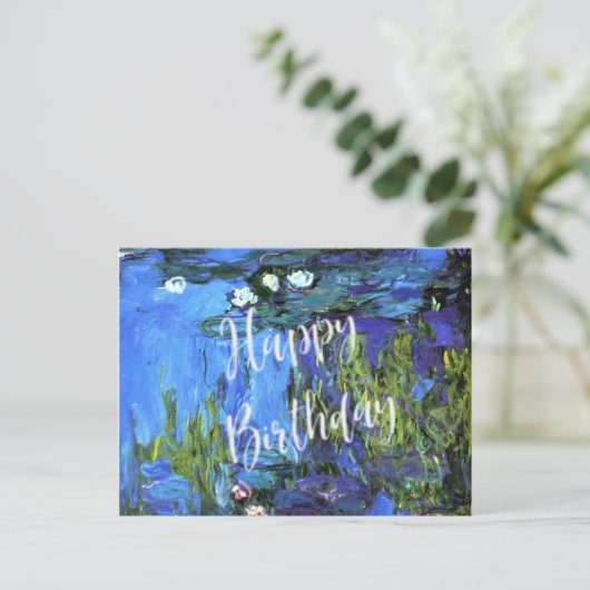 Monet - Waterlelies, blauw indigo, verjaardagswens Briefkaart (Staand voorkant)