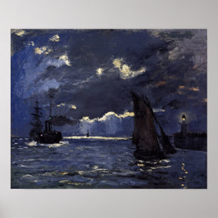 Monet - Zeegezicht met scheepvaart bij maanlicht Poster
