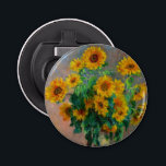 Monet-zonnebloemen Button Flesopener<br><div class="desc">Bottle Opener met het schilderij van Claude Monet Bouquet of Sunflower (1881). Mooie zonnebloemen in een blauwe vaas op een rode tafel. Een groot geschenk voor fans van het impressionisme en de Franse kunst.</div>