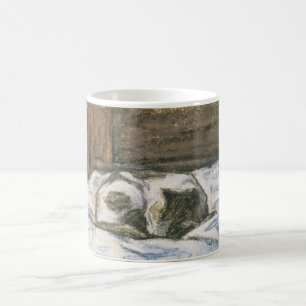 Monet's kat slaapt op een bed koffiemok